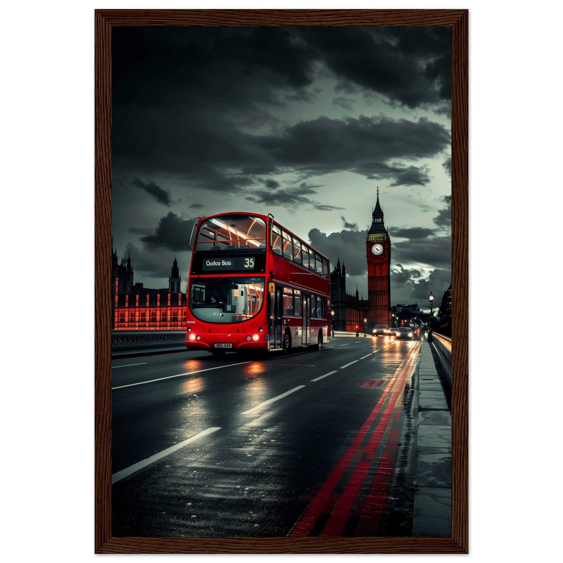 Poster Londres Bus Rouge ( 30x45-cm-Bois-foncé)