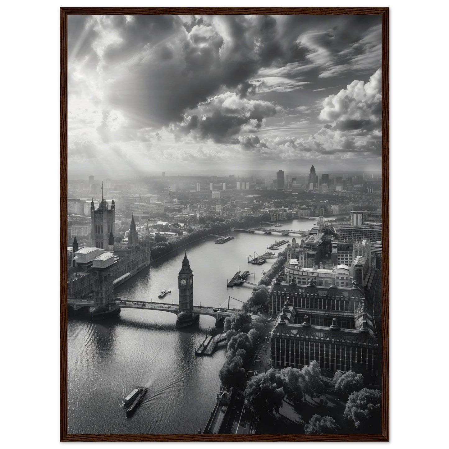 Poster Londres Noir et Blanc ( 60x80-cm-Bois-foncé)