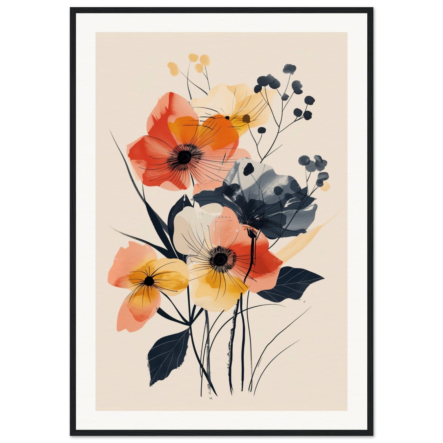 Poster Moderne Fleurs ( 70x100-cm-Bois-noir)