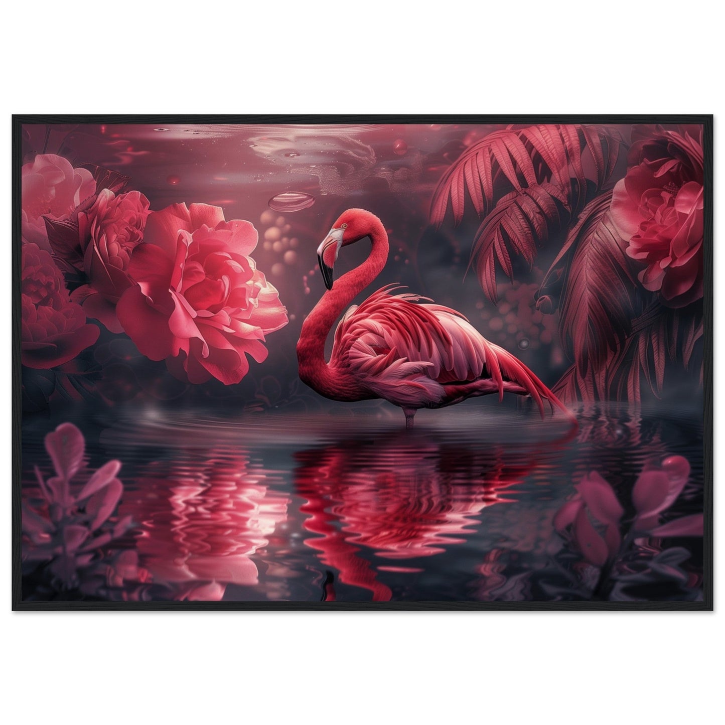 Poster Mural Flamant Rose ( 70x100-cm-Bois-noir)