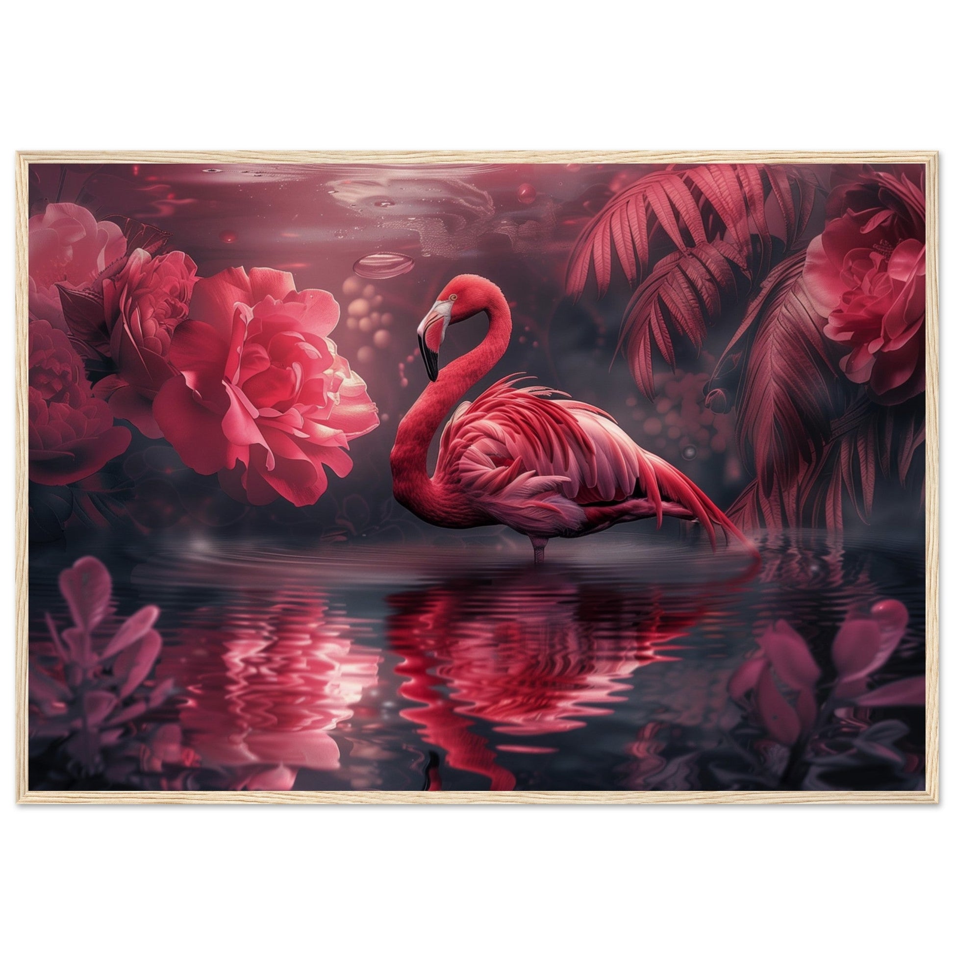 Poster Mural Flamant Rose ( 70x100-cm-Bois-clair)