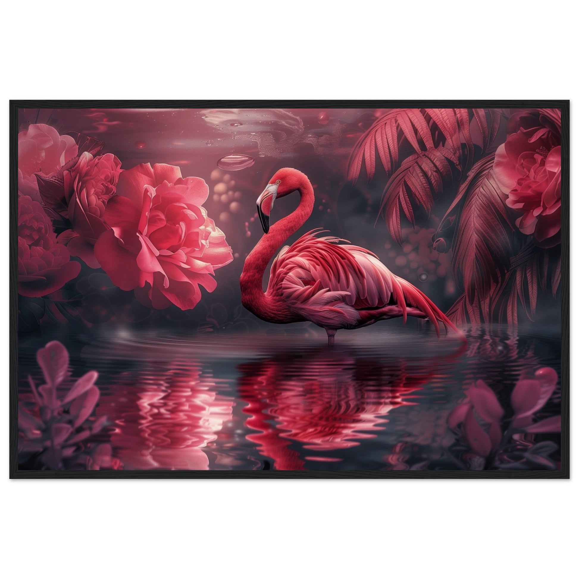 Poster Mural Flamant Rose ( 60x90-cm-Bois-noir)