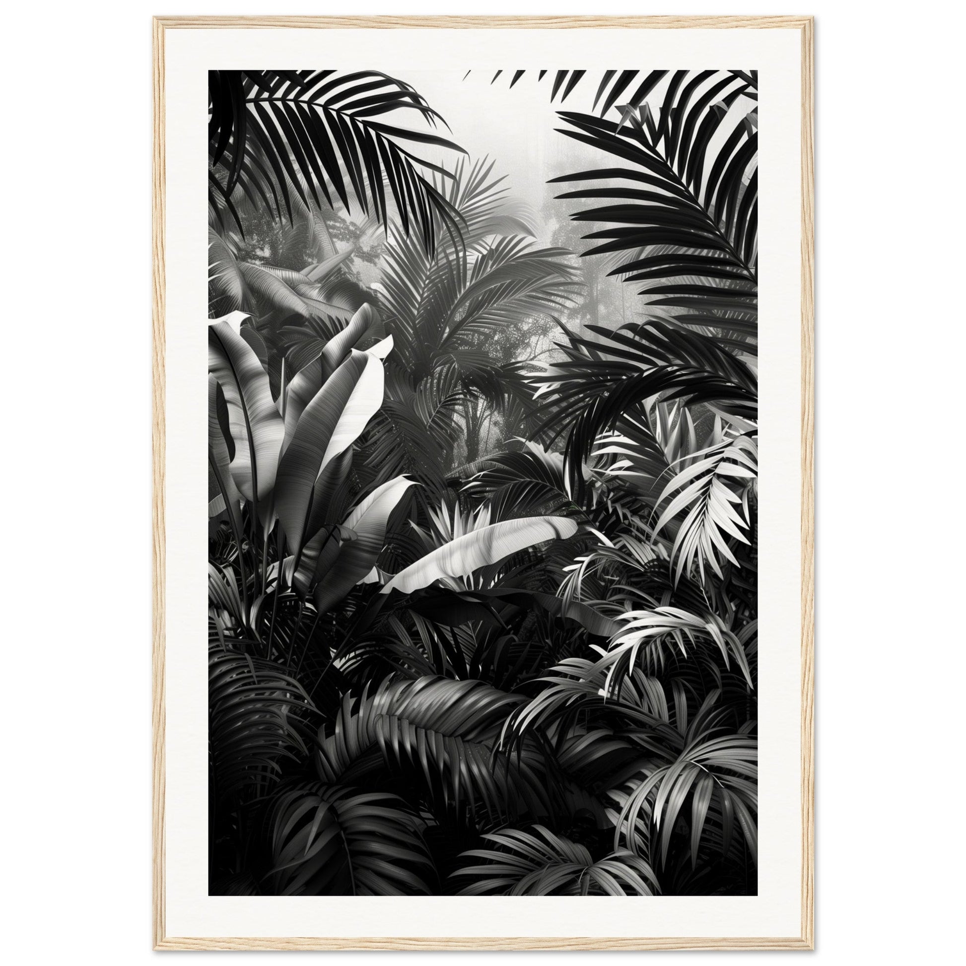 Poster Mural Jungle Noir et Blanc ( 70x100-cm-Bois-clair)