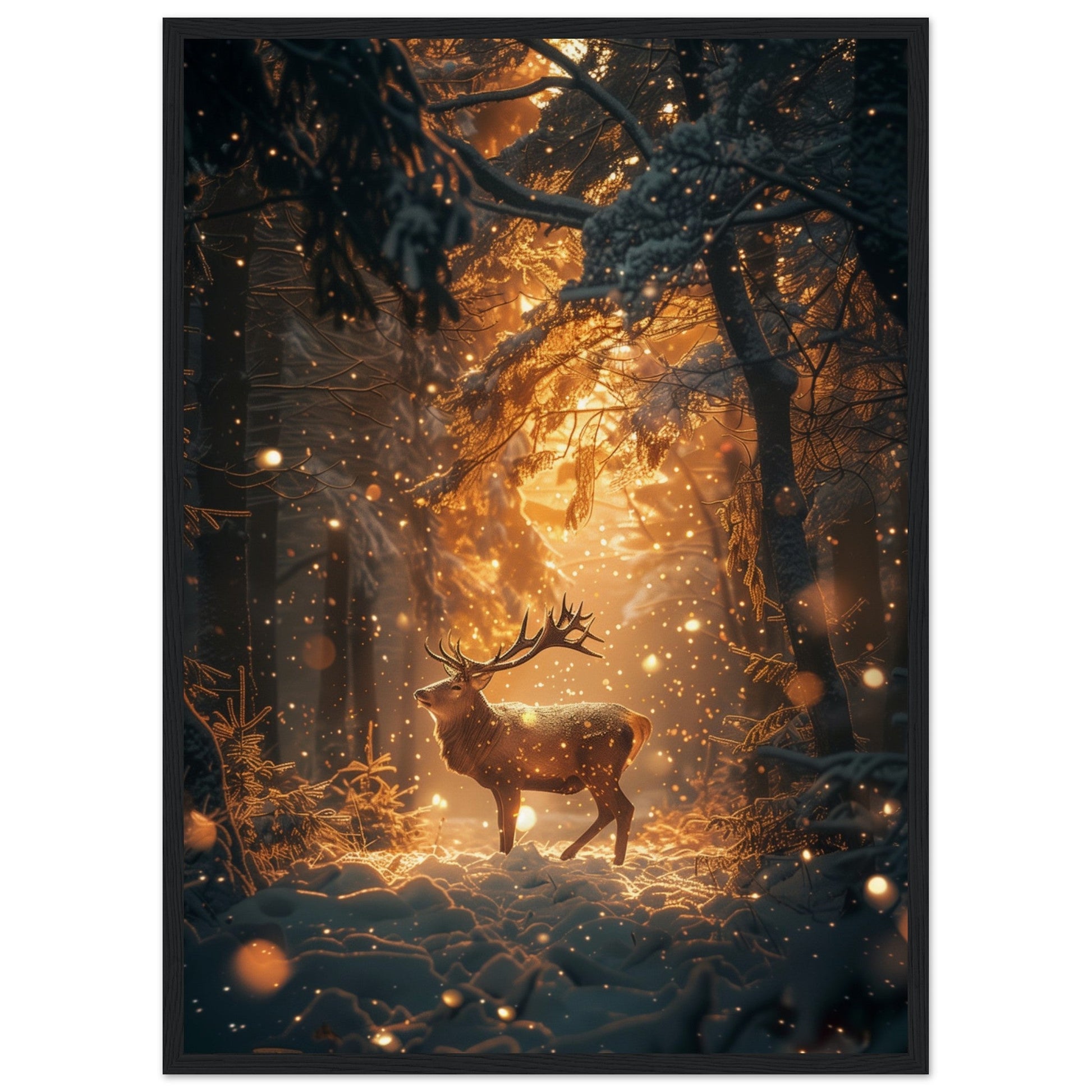 Poster Noël Forêt Cerf ( 50x70-cm-Bois-noir)