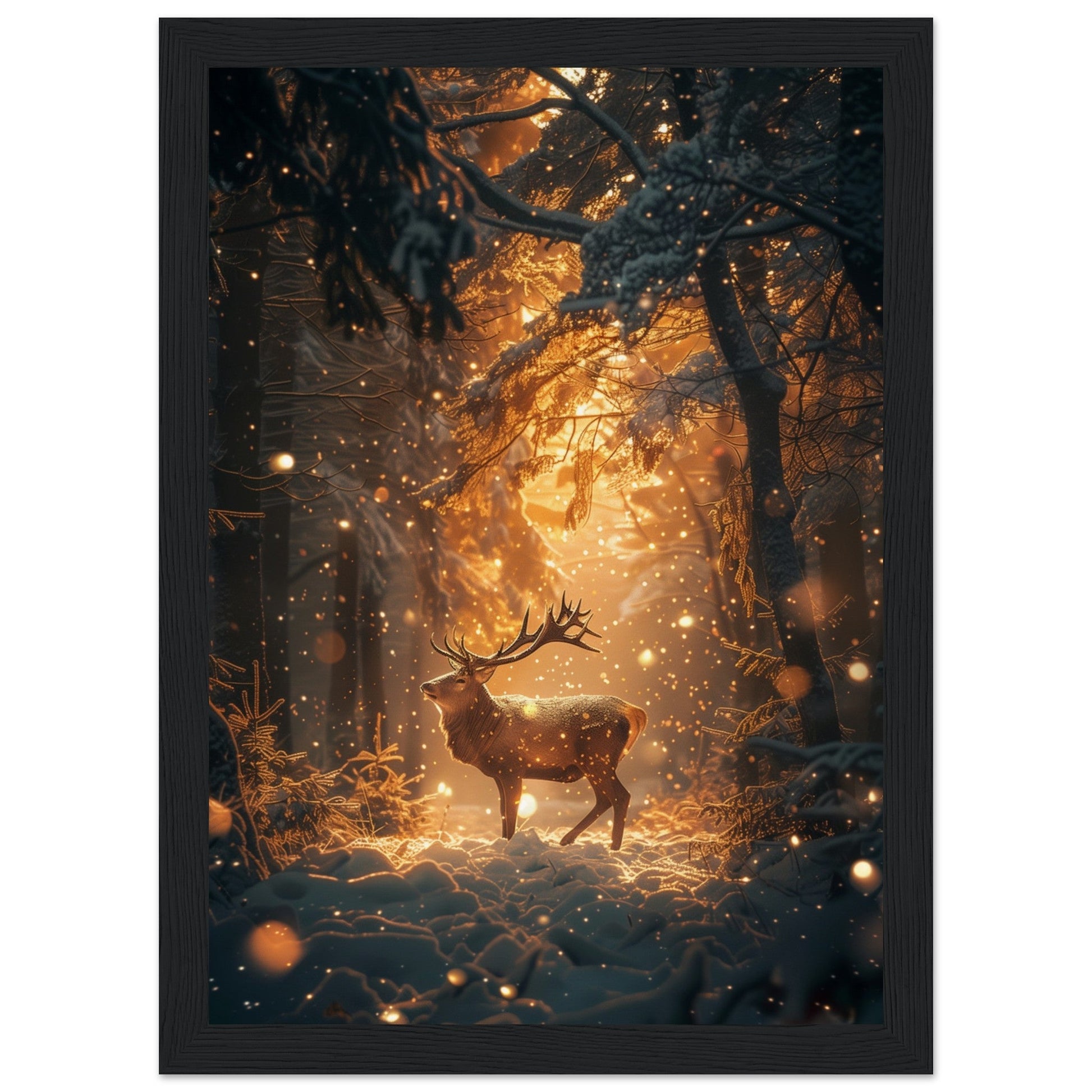 Poster Noël Forêt Cerf ( 21x29.7-cm-Bois-noir)