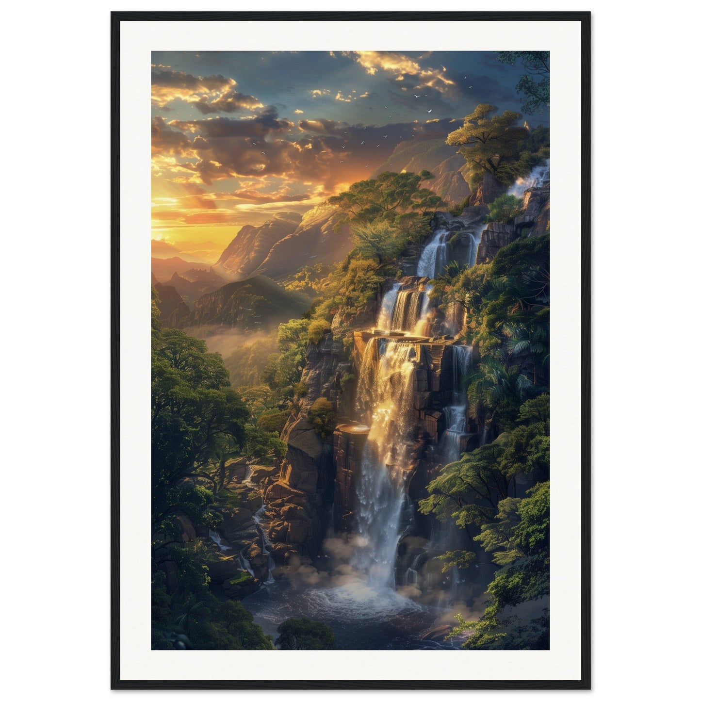 Poster Paysage Cascade ( 70x100-cm-Bois-noir)