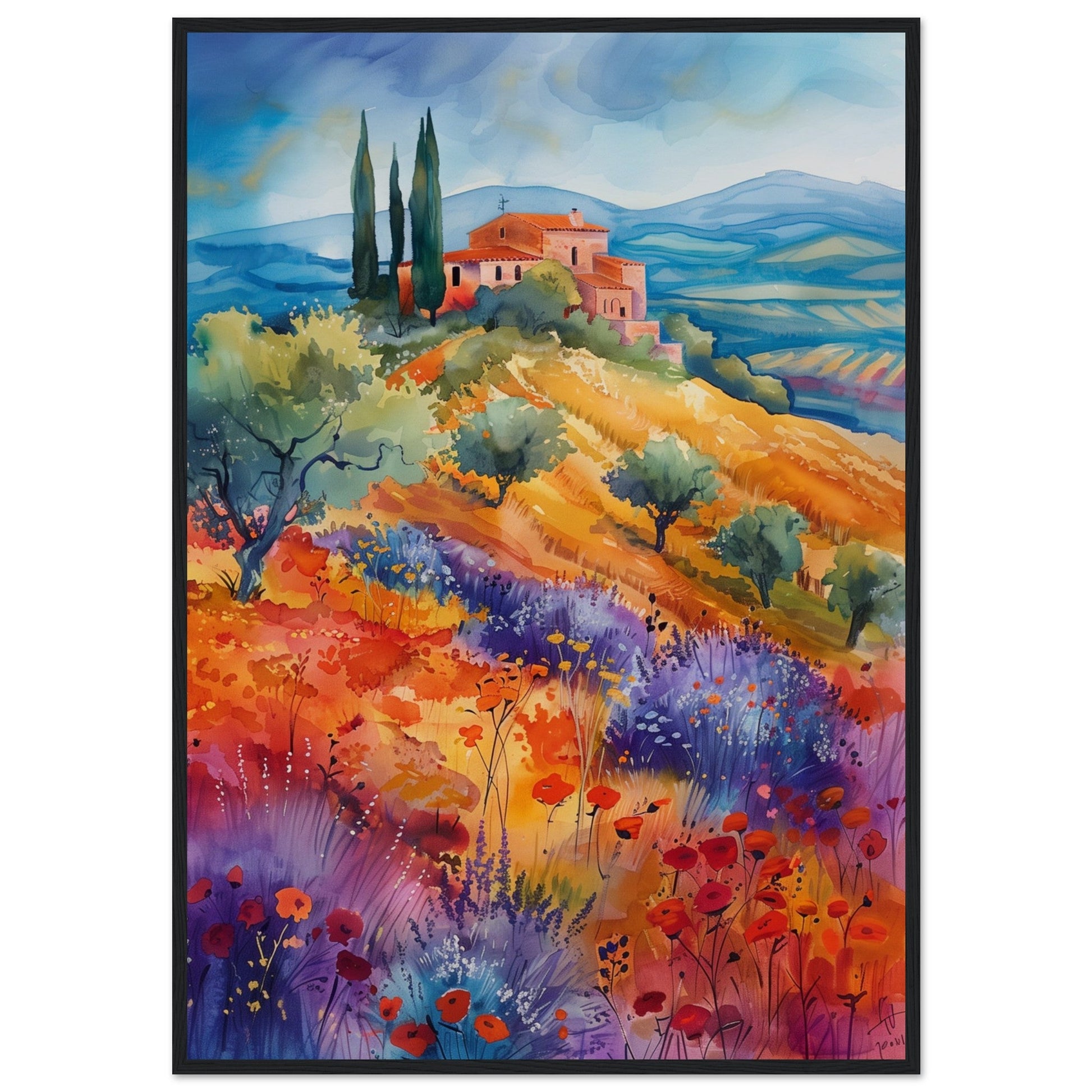 Poster Paysage Provençal ( 70x100-cm-Bois-noir)