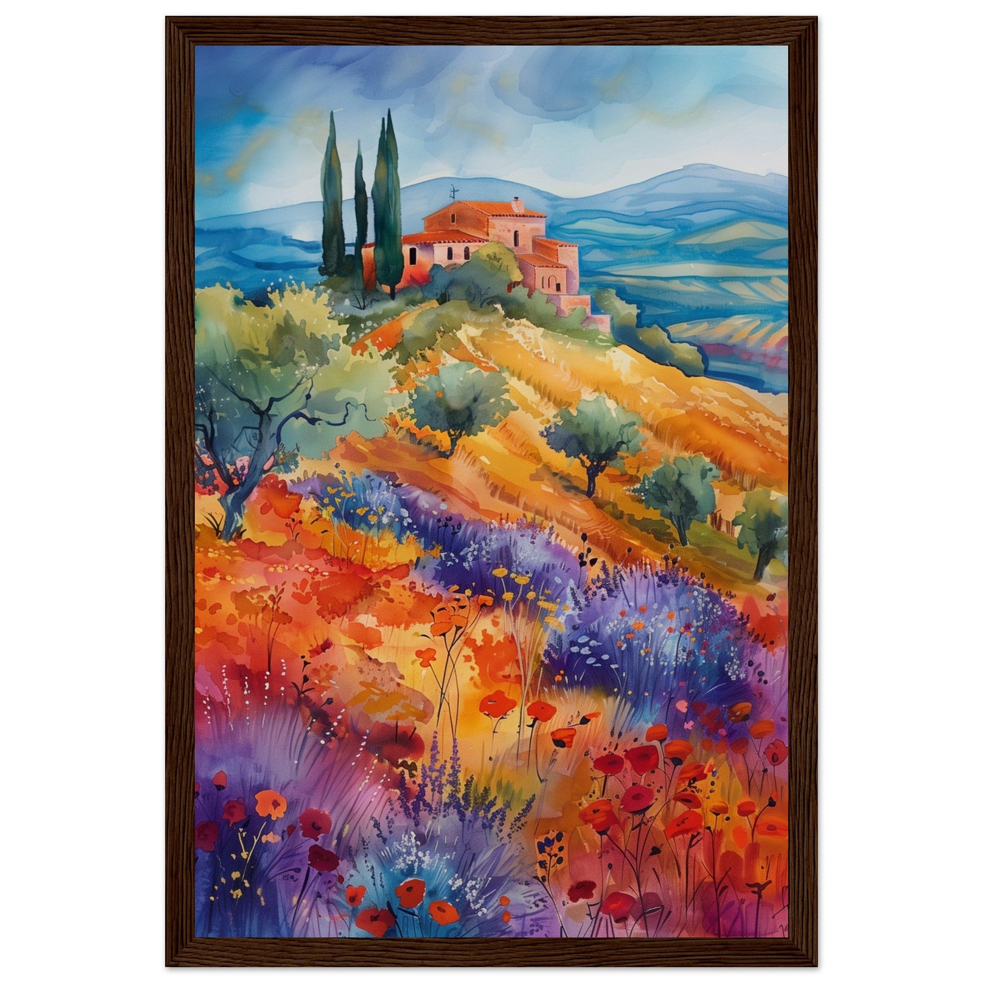 Poster Paysage Provençal ( 30x45-cm-Bois-foncé)