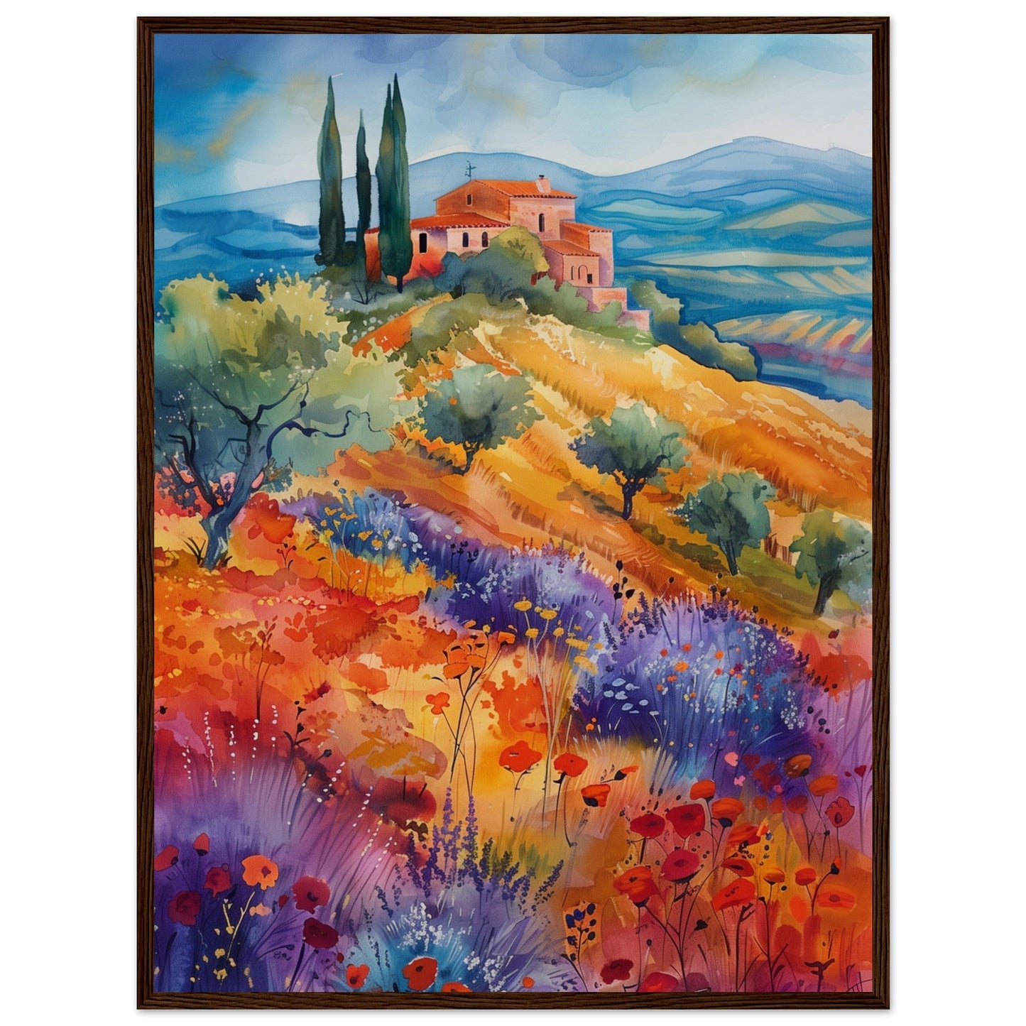 Poster Paysage Provençal ( 60x80-cm-Bois-foncé)