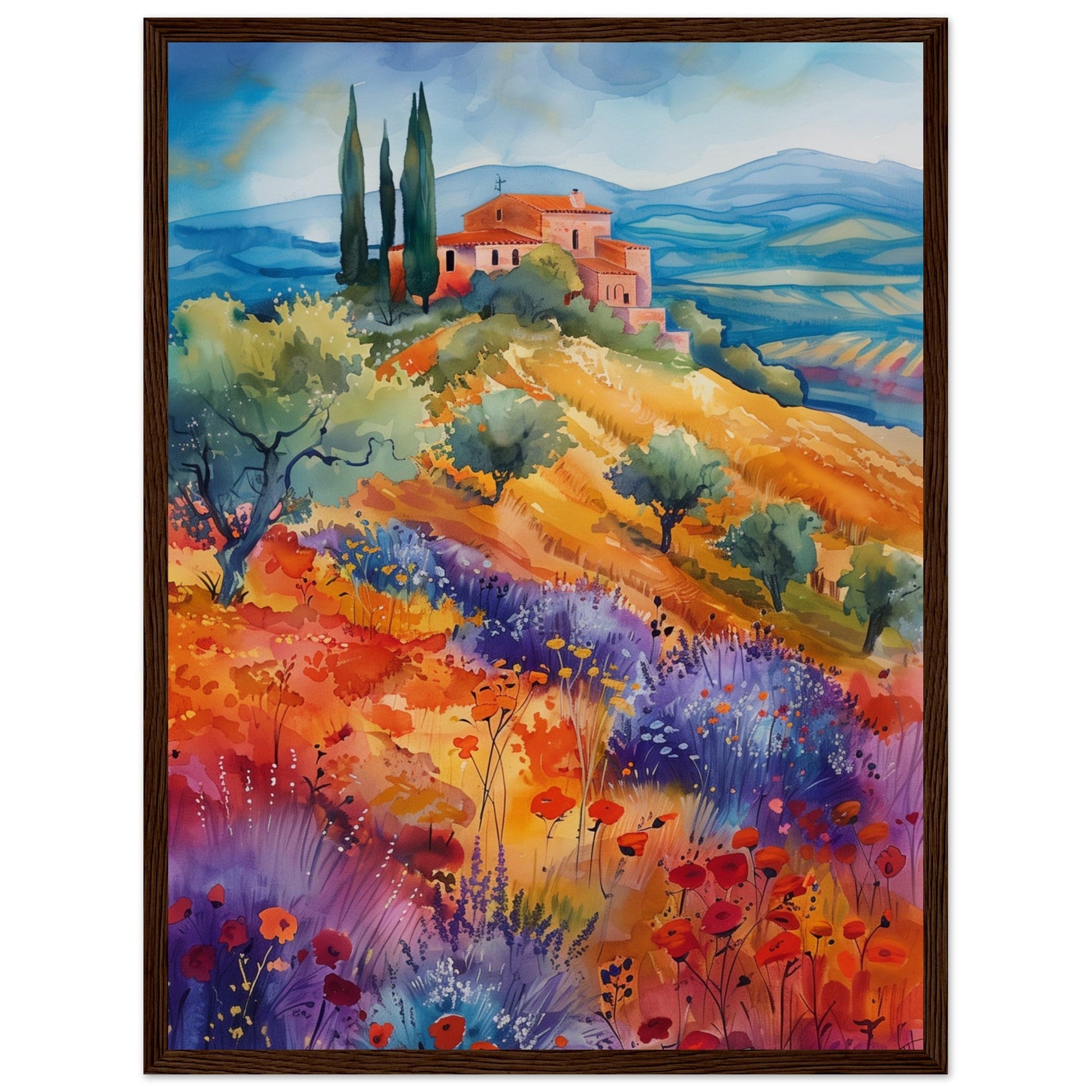 Poster Paysage Provençal ( 45x60-cm-Bois-foncé)