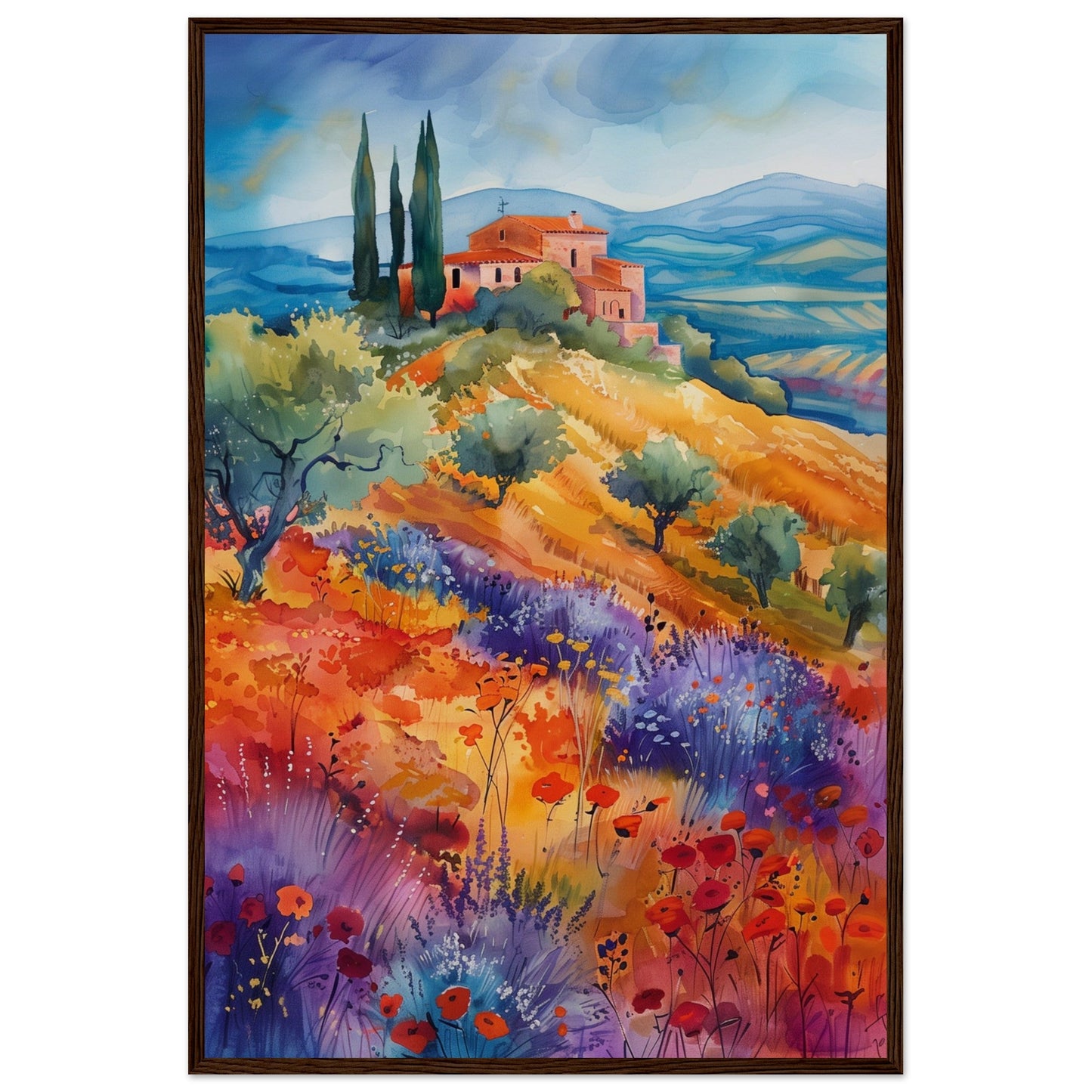 Poster Paysage Provençal ( 60x90-cm-Bois-foncé)