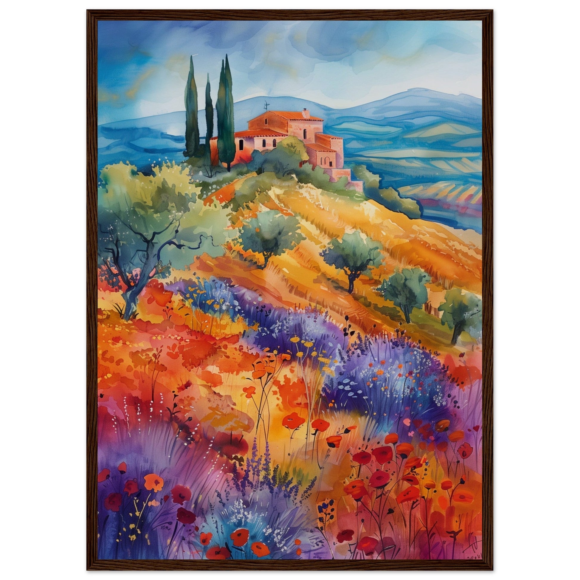 Poster Paysage Provençal ( 50x70-cm-Bois-foncé)