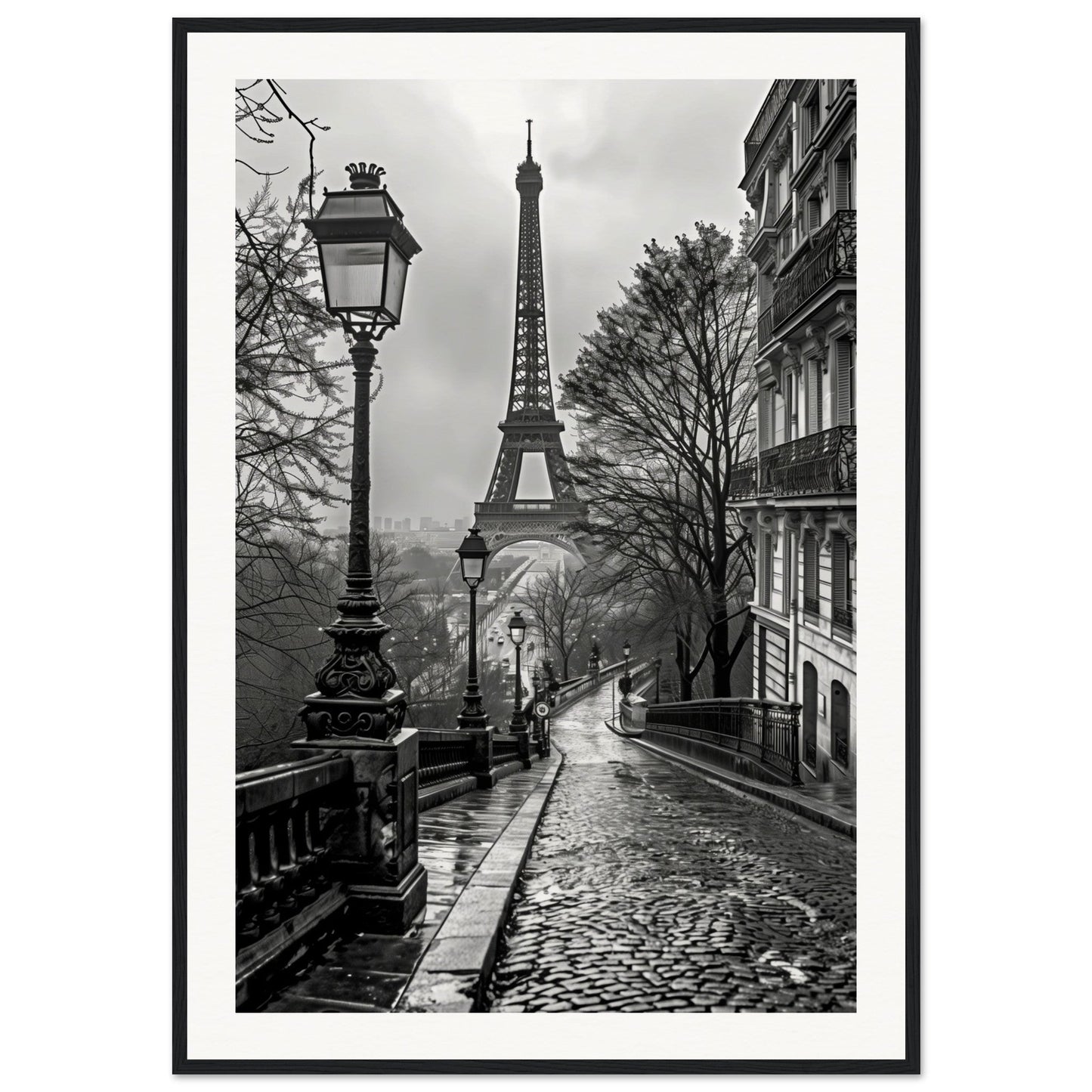 Poster Photo Paris Noir et Blanc ( 70x100-cm-Bois-noir)