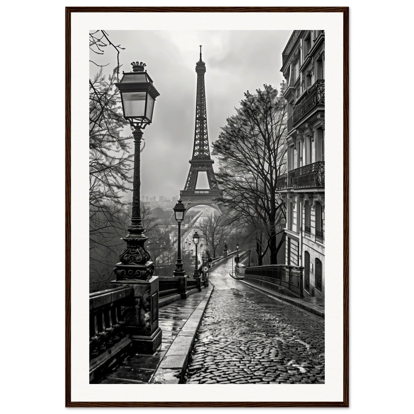 Poster Photo Paris Noir et Blanc ( 70x100-cm-Bois-foncé)