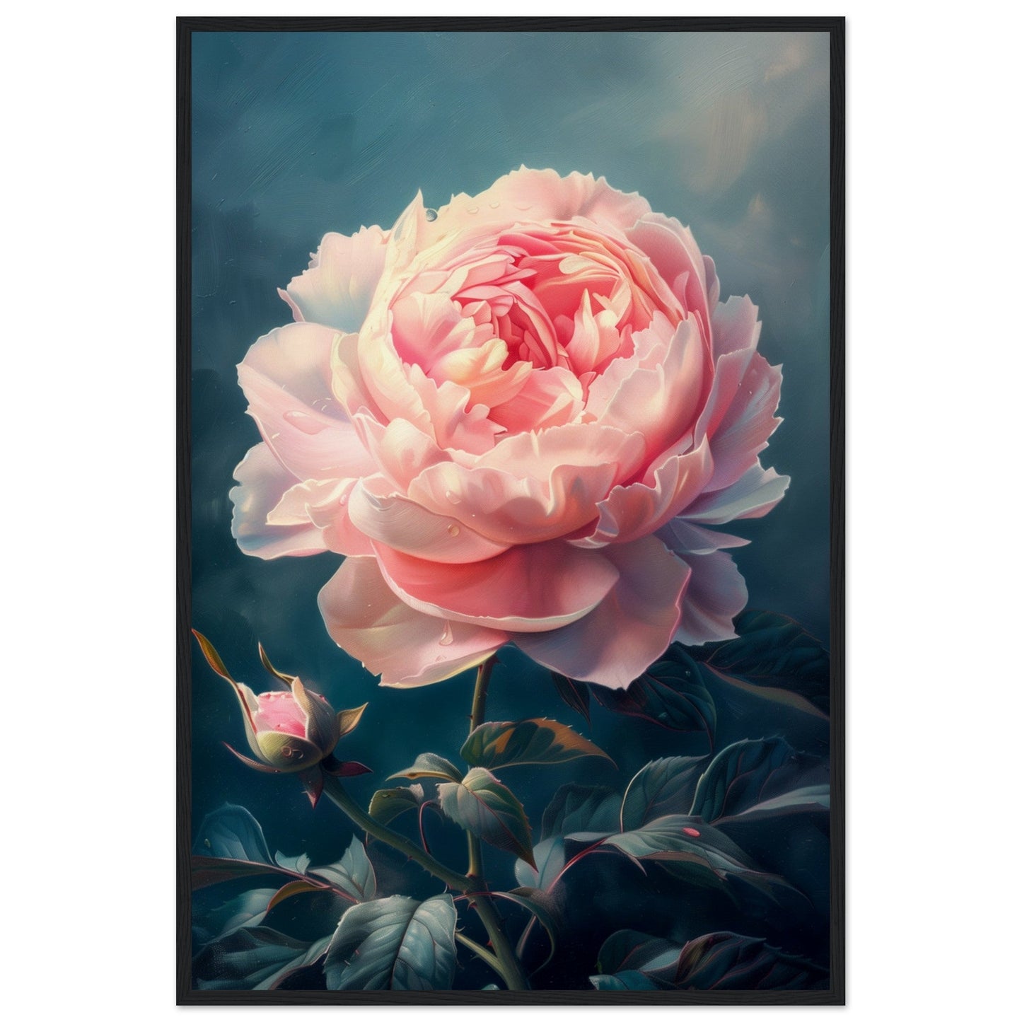 Poster Pivoine Rose ( 60x90-cm-Bois-noir)