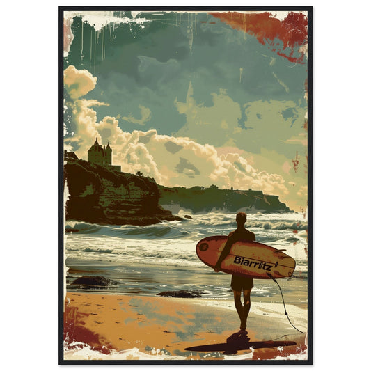 Poster Surf Biarritz ( 70x100-cm-Bois-noir)