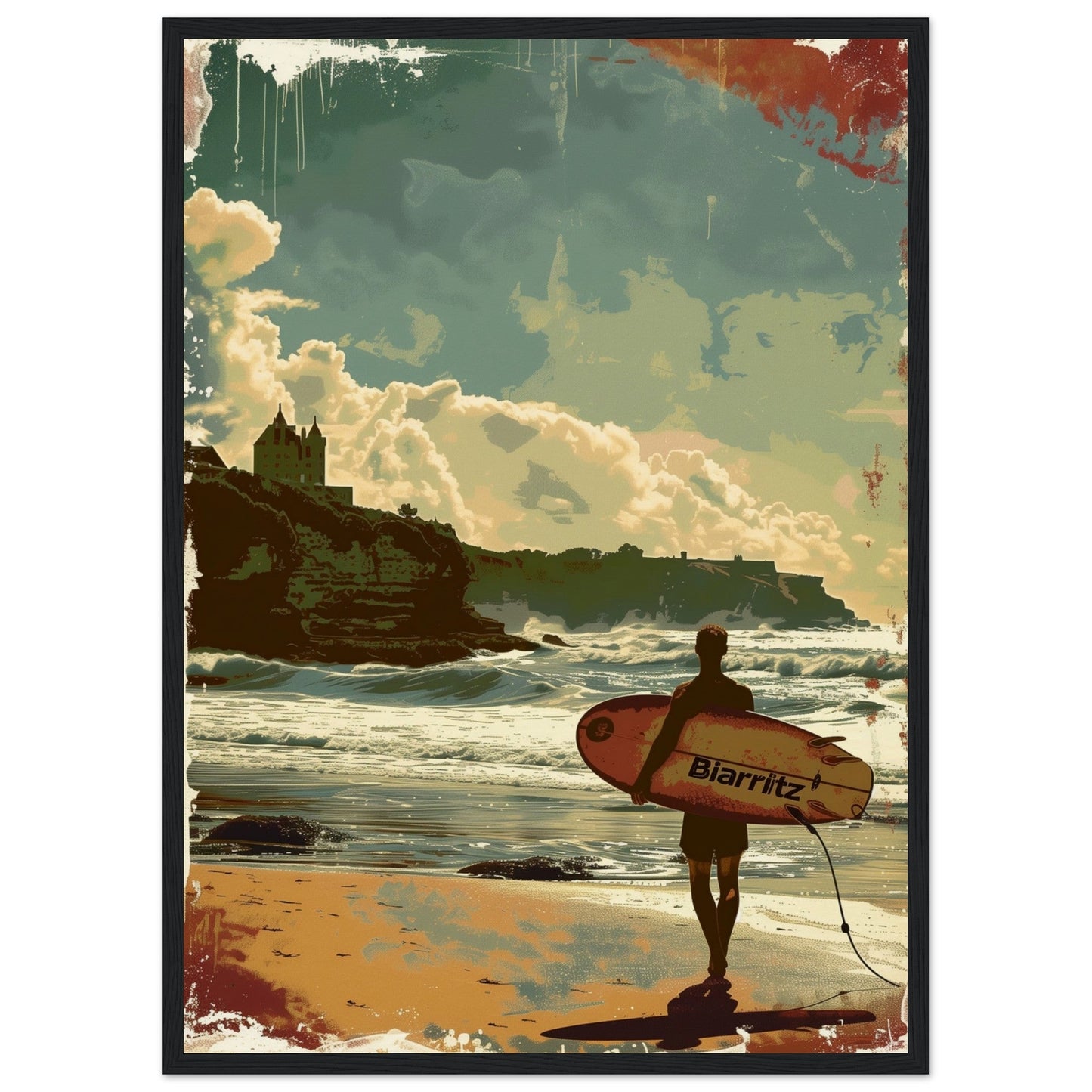 Poster Surf Biarritz ( 50x70-cm-Bois-noir)