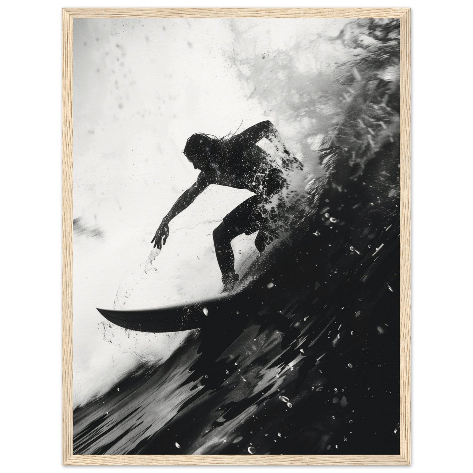 Poster Surf Noir et Blanc ( 45x60-cm-Bois-clair)