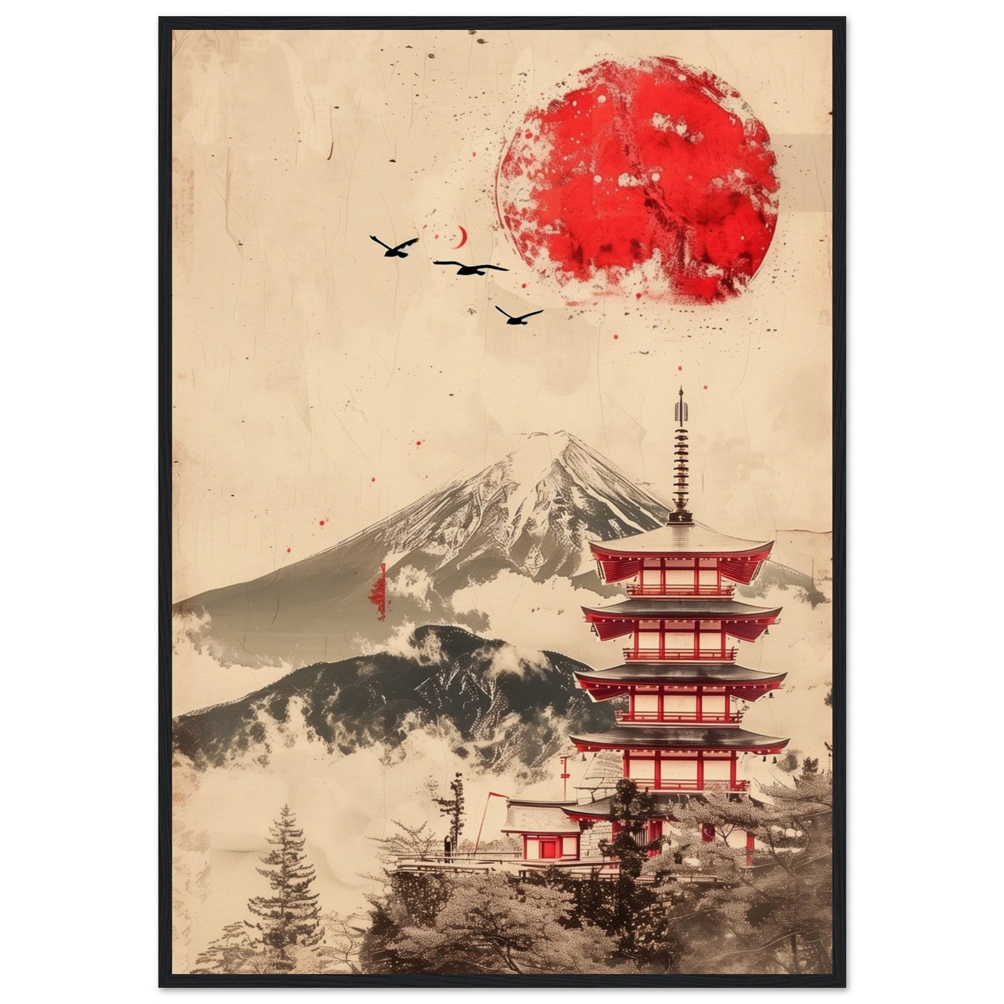 Poster Temple Japonais ( 70x100-cm-Bois-noir)