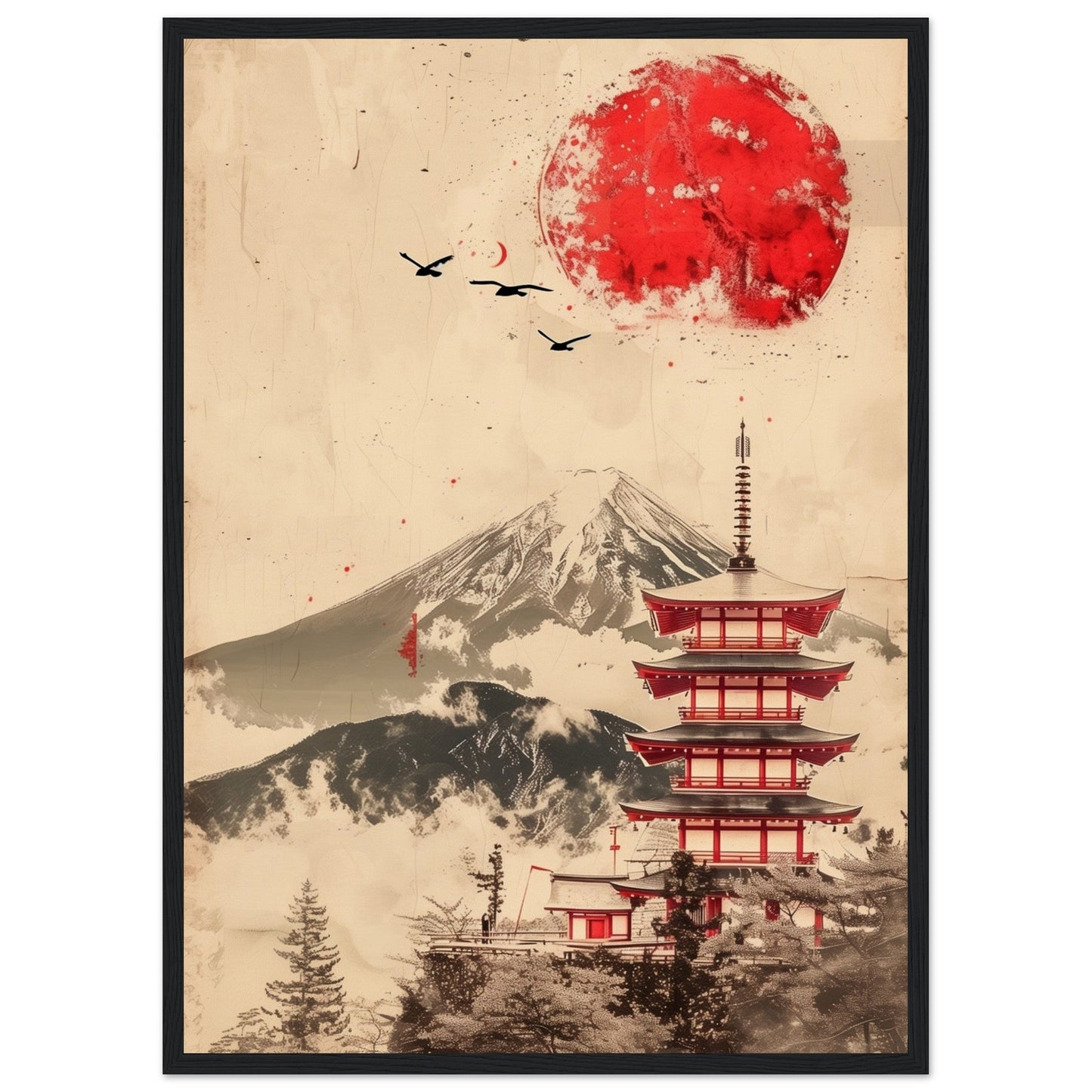 Poster Temple Japonais ( 50x70-cm-Bois-noir)