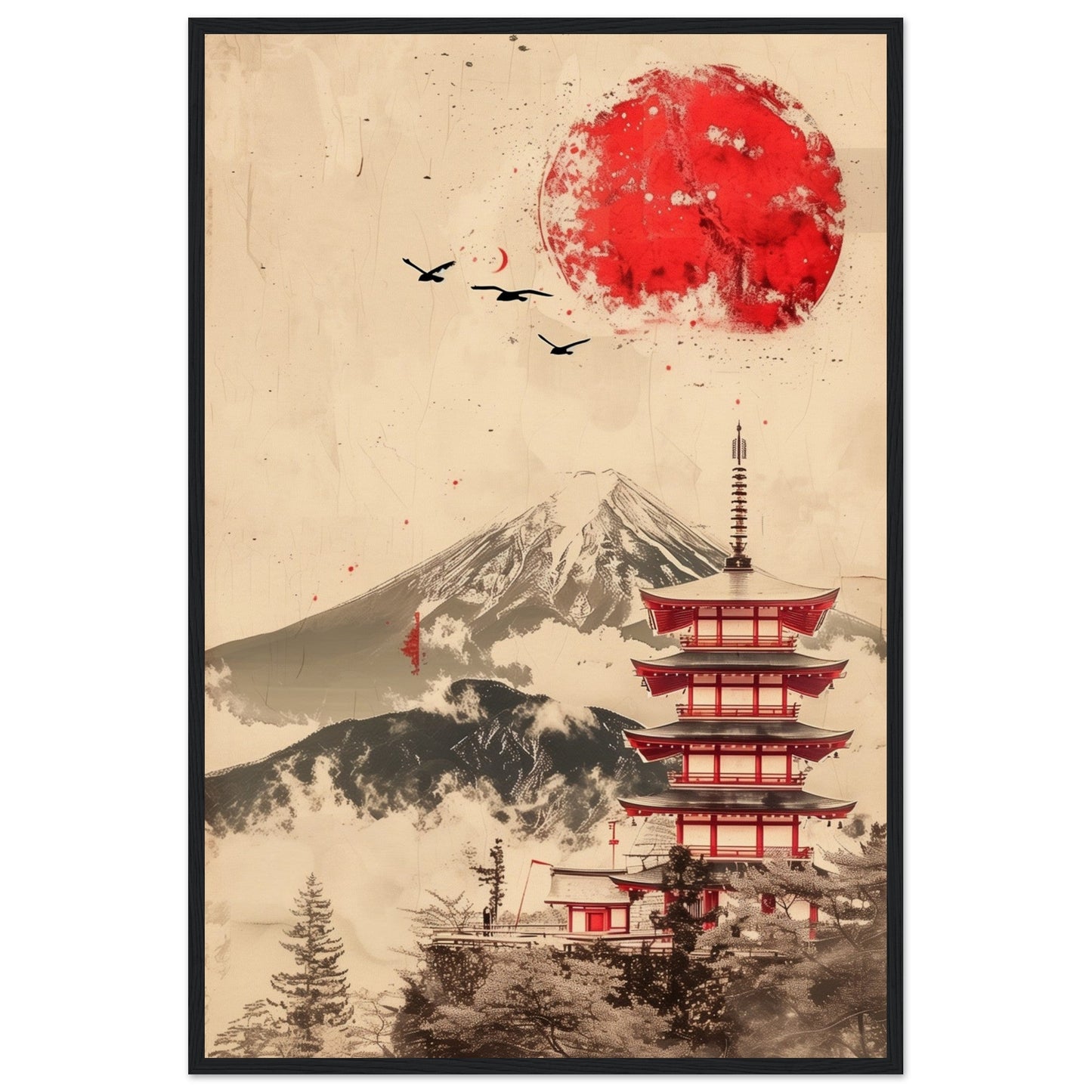 Poster Temple Japonais ( 60x90-cm-Bois-noir)