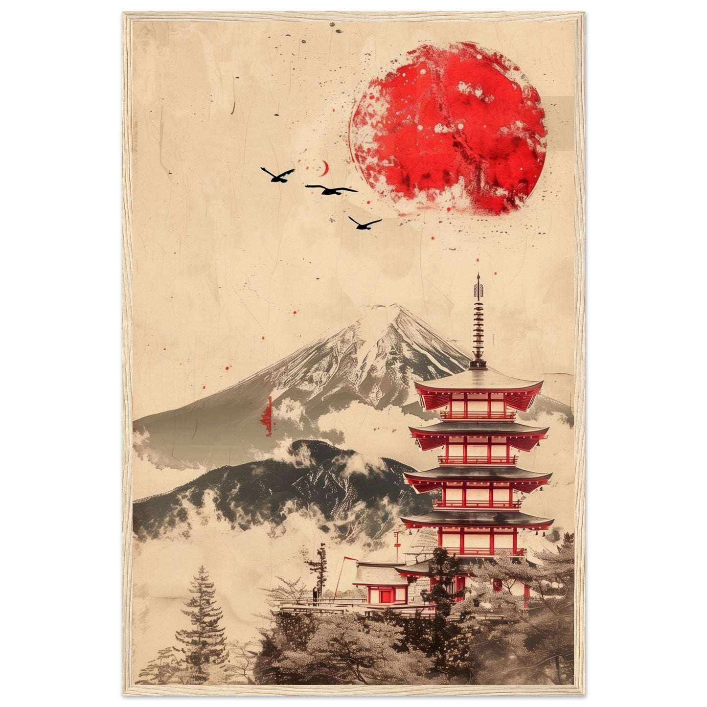 Poster Temple Japonais ( 60x90-cm-Bois-clair)