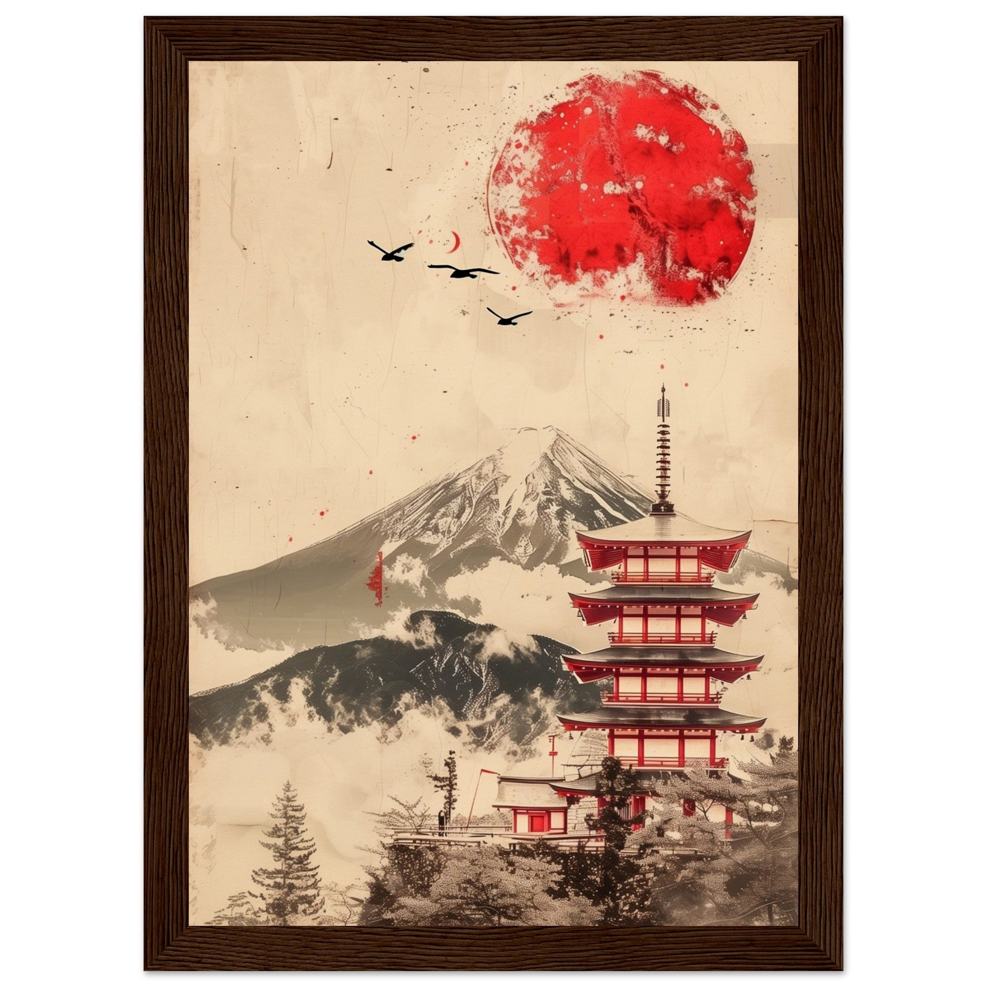 Poster Temple Japonais ( 21x29.7-cm-Bois-foncé)