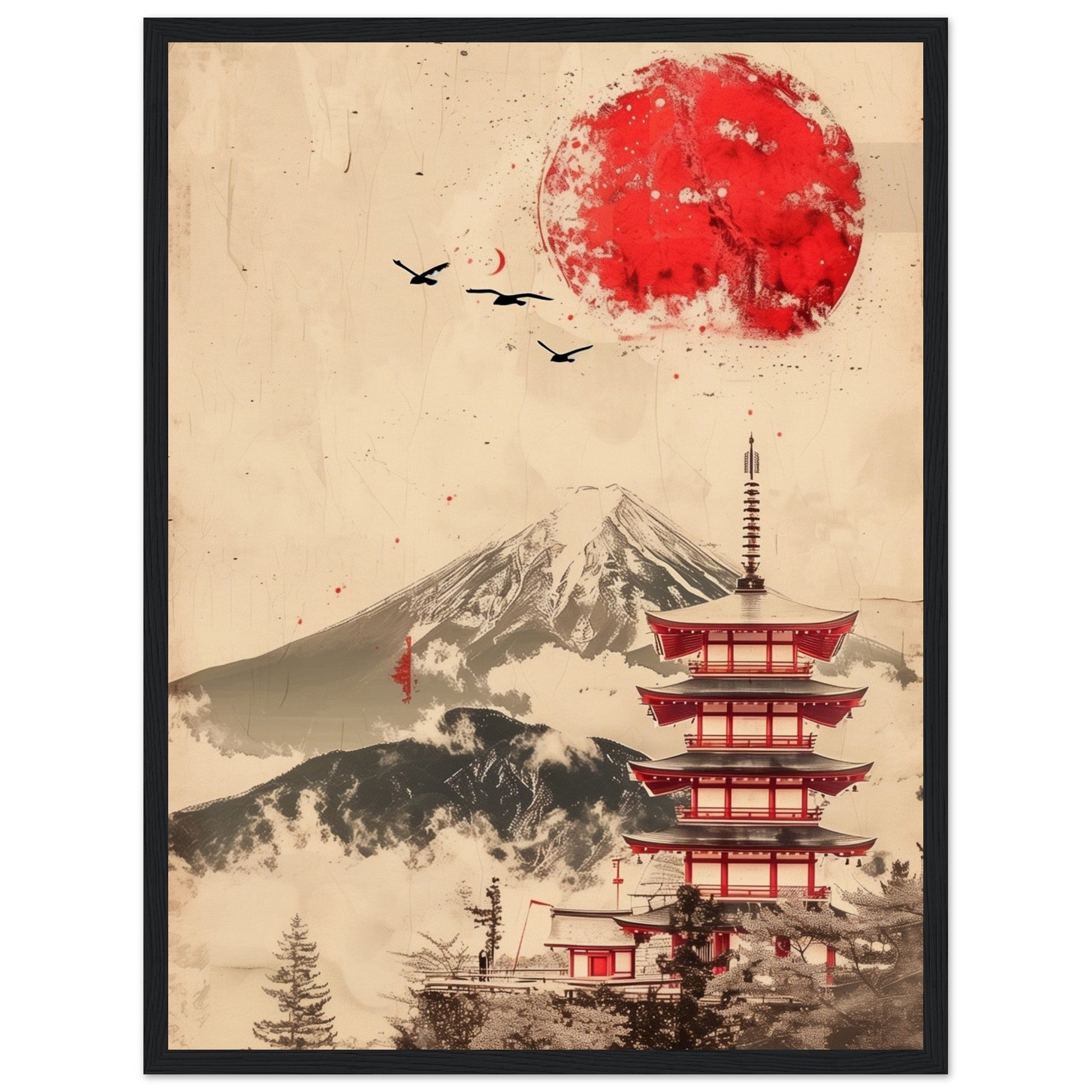 Poster Temple Japonais ( 45x60-cm-Bois-noir)