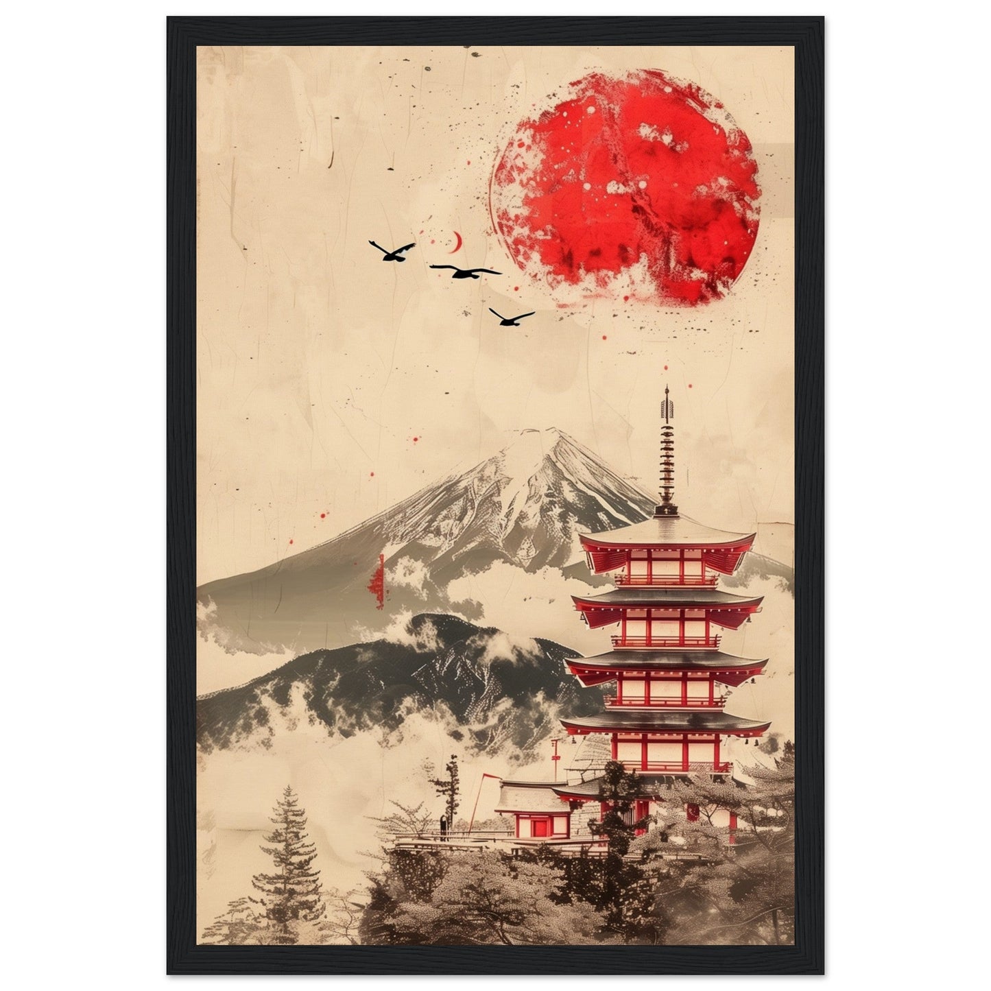 Poster Temple Japonais ( 30x45-cm-Bois-noir)