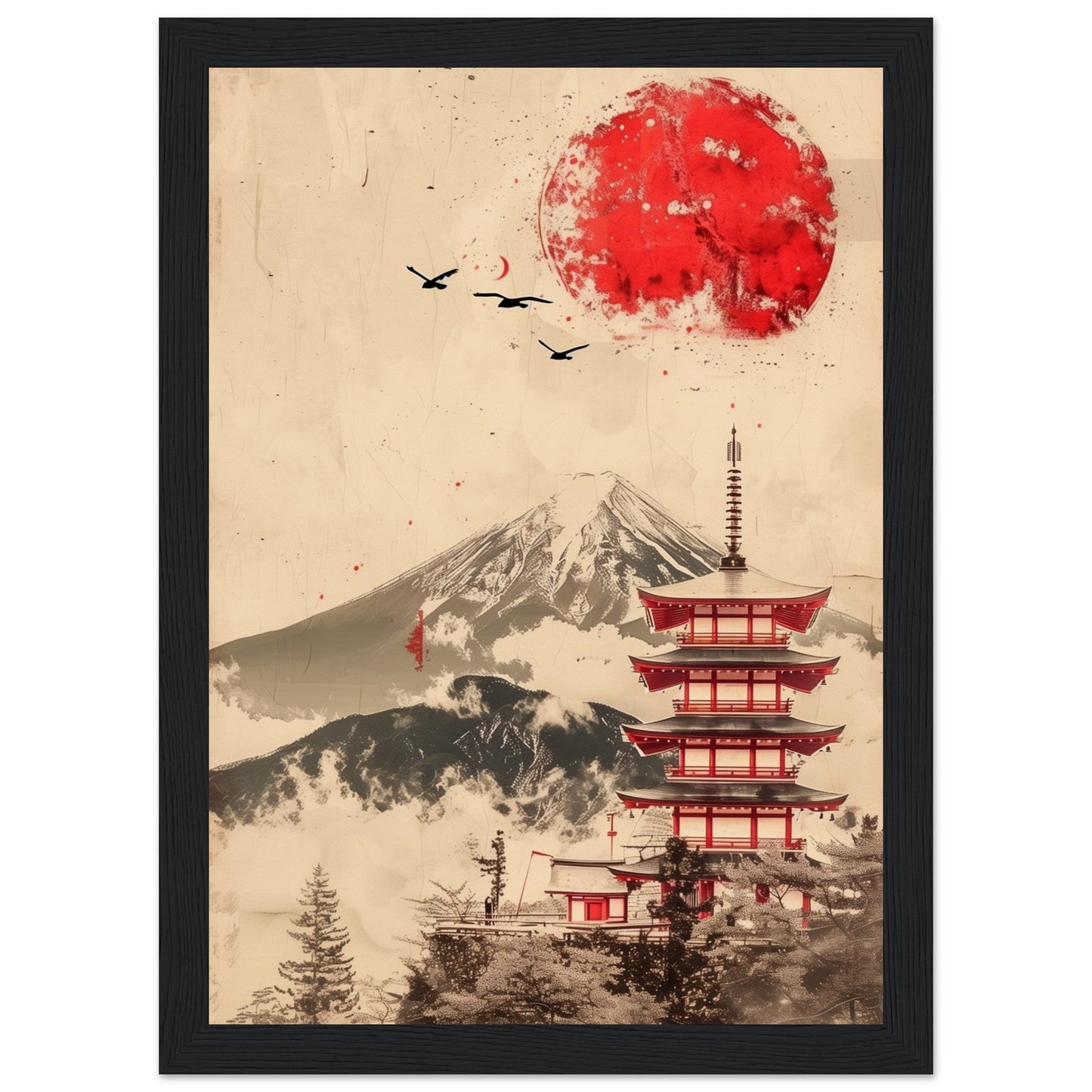 Poster Temple Japonais ( 21x29.7-cm-Bois-noir)