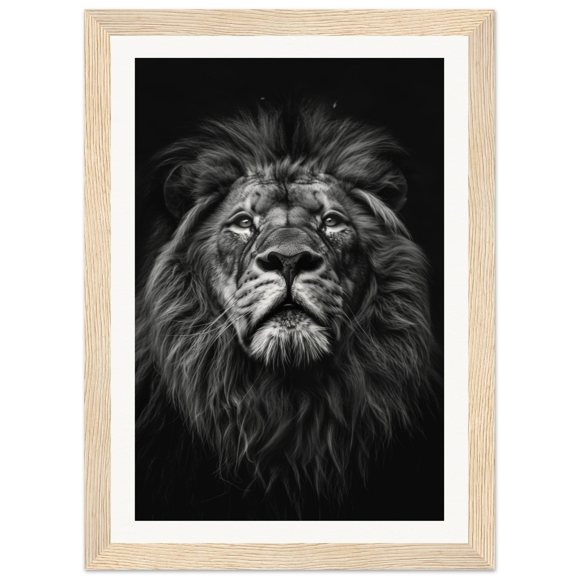 Poster Tête de Lion Noir et Blanc ( 21x29.7-cm-Bois-clair)