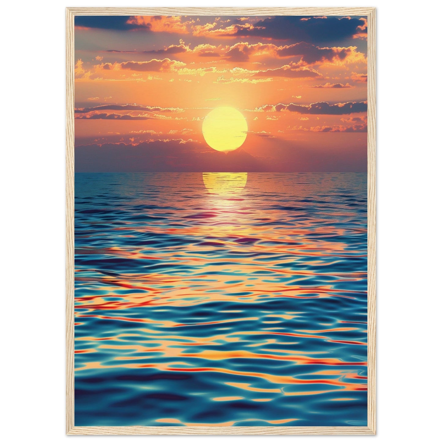 Poster Trompe L'oeil Lever de Soleil sur la Mer ( 50x70-cm-Cadre-en-bois)