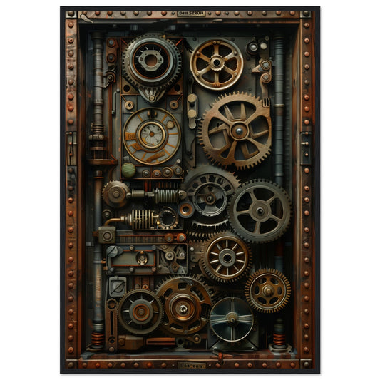 Poster Trompe l'oeil Engrenage Industriel ( 70x100-cm-Bois-noir)