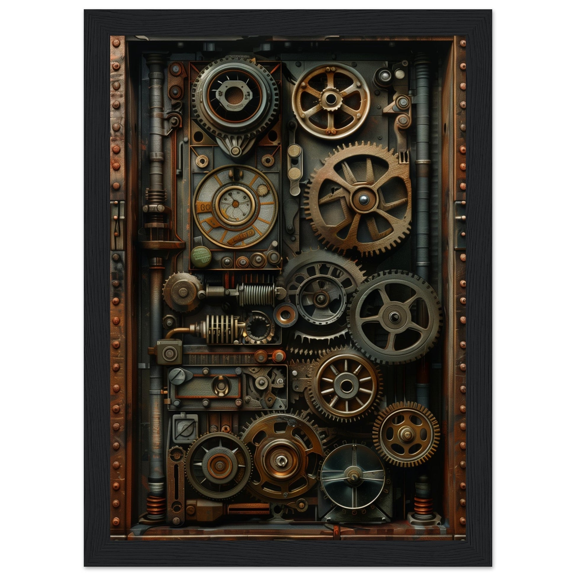 Poster Trompe l'oeil Engrenage Industriel ( 21x29.7-cm-Bois-noir)