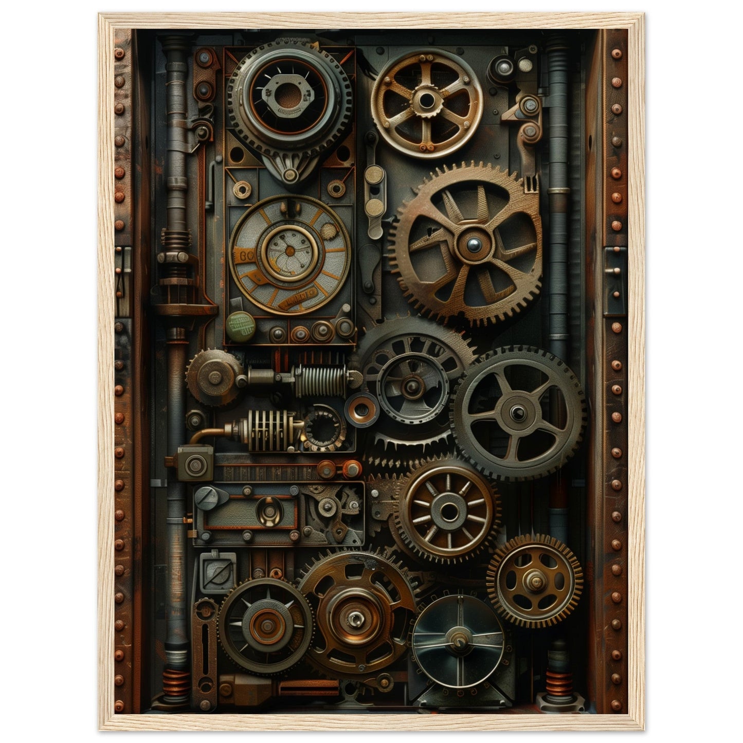 Poster Trompe l'oeil Engrenage Industriel ( 45x60-cm-Bois-clair)