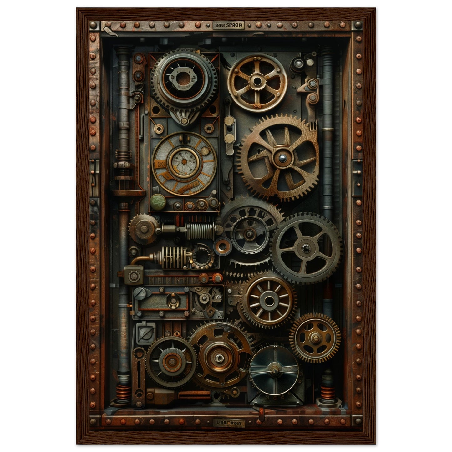 Poster Trompe l'oeil Engrenage Industriel ( 30x45-cm-Bois-foncé)