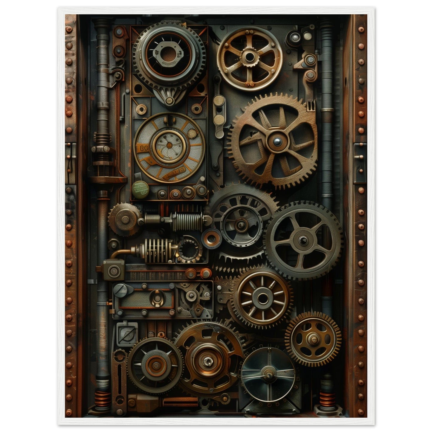 Poster Trompe l'oeil Engrenage Industriel ( 60x80-cm-Bois-blanc)