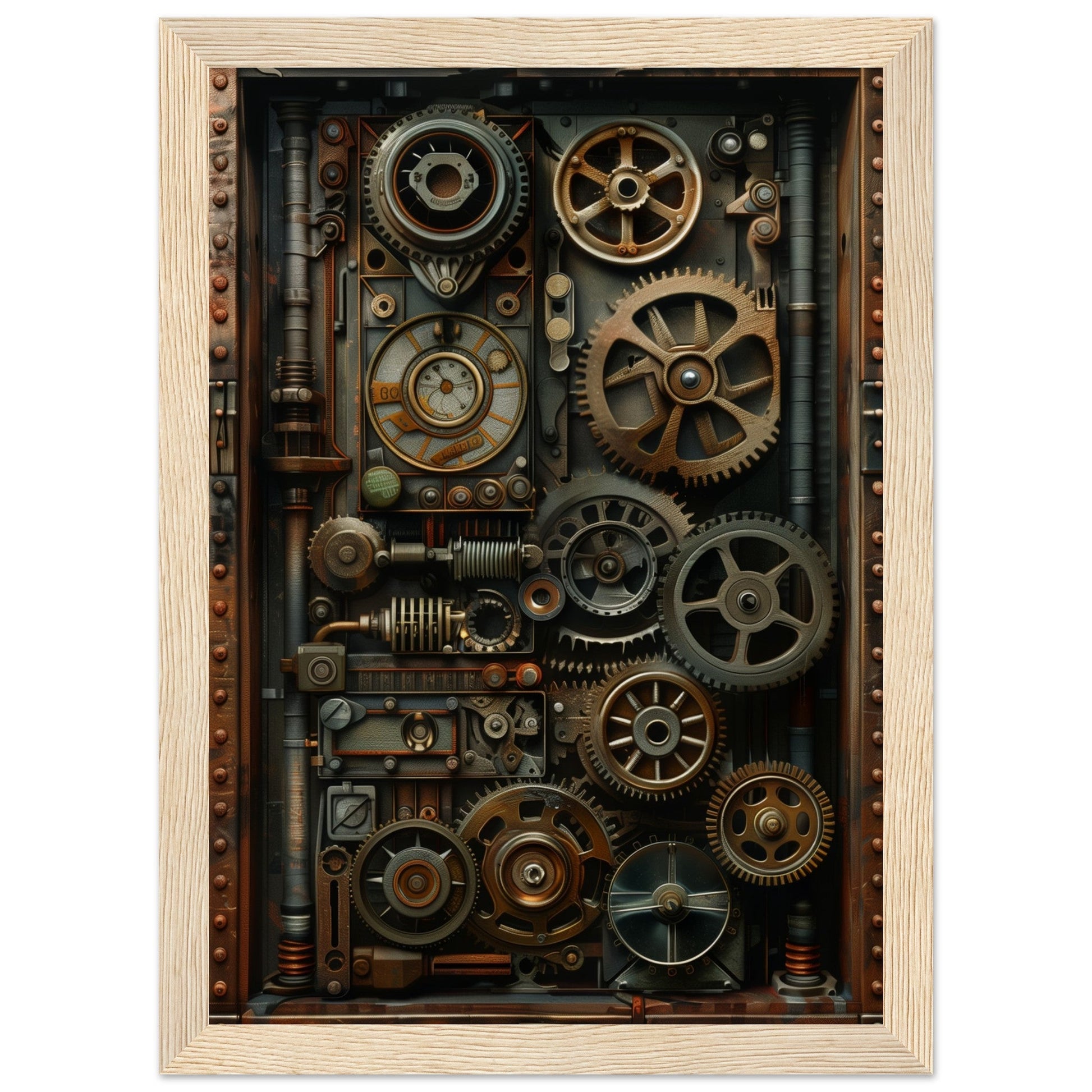 Poster Trompe l'oeil Engrenage Industriel ( 21x29.7-cm-Bois-clair)