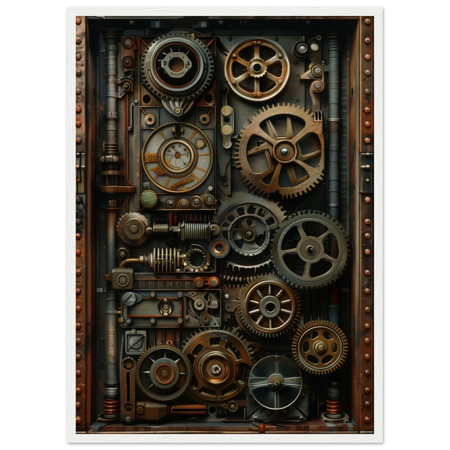 Poster Trompe l'oeil Engrenage Industriel ( 50x70-cm-Bois-blanc)