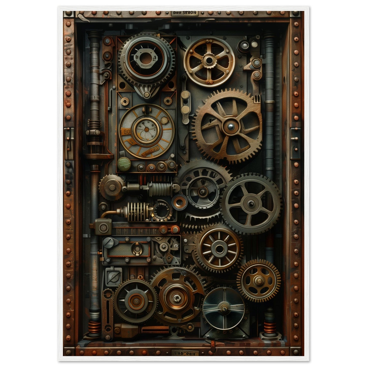 Poster Trompe l'oeil Engrenage Industriel ( 70x100-cm-Bois-blanc)