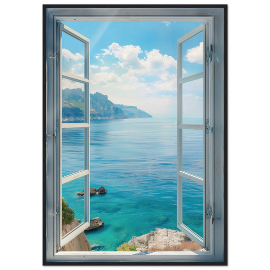 Poster Trompe l'oeil Fenêtre Mer ( Bois-noir-70x100-cm)