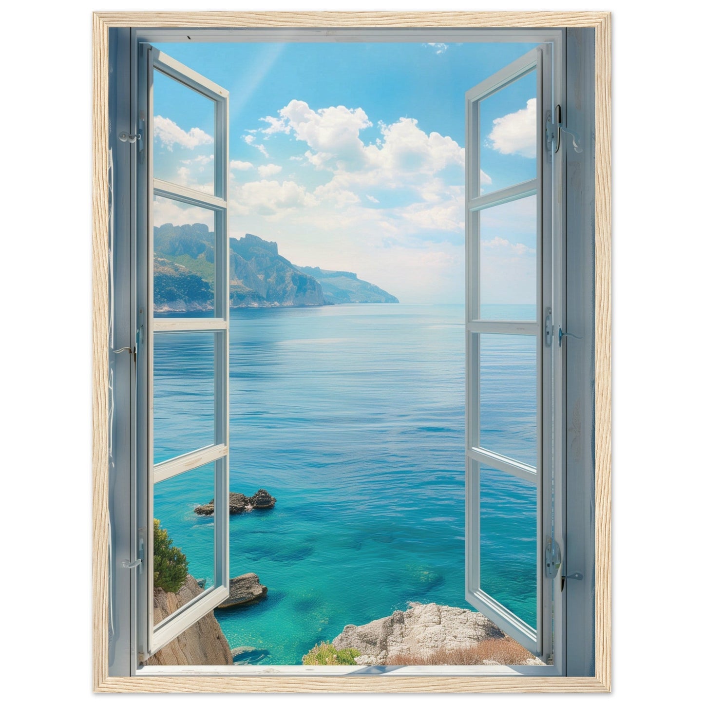 Poster Trompe l'oeil Fenêtre Mer ( Bois-clair-45x60-cm)