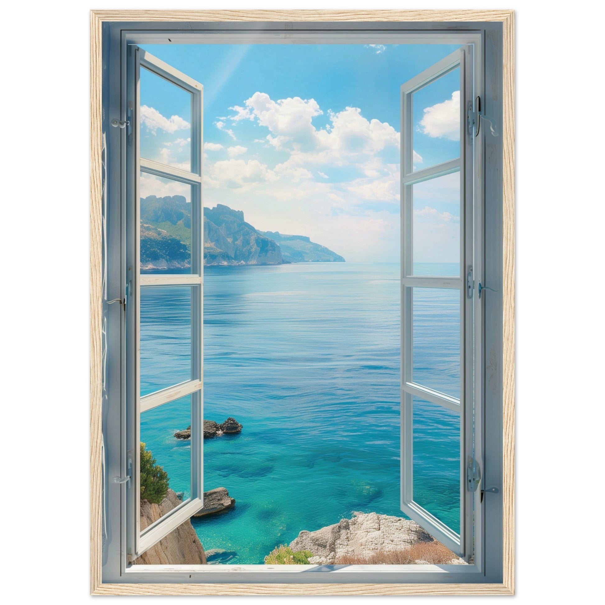 Poster Trompe l'oeil Fenêtre Mer ( Bois-clair-50x70-cm)