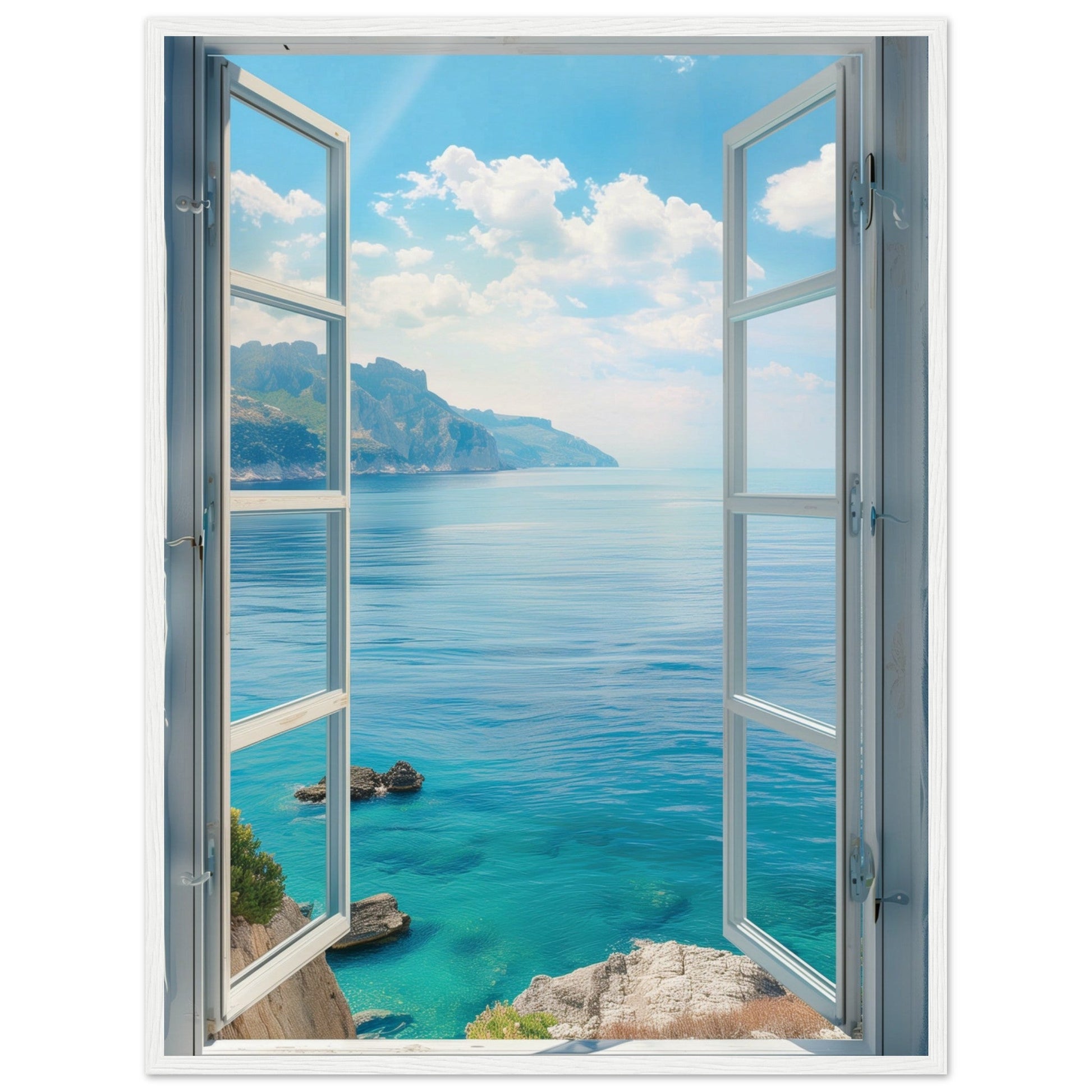 Poster Trompe l'oeil Fenêtre Mer ( Bois-blanc-60x80-cm)