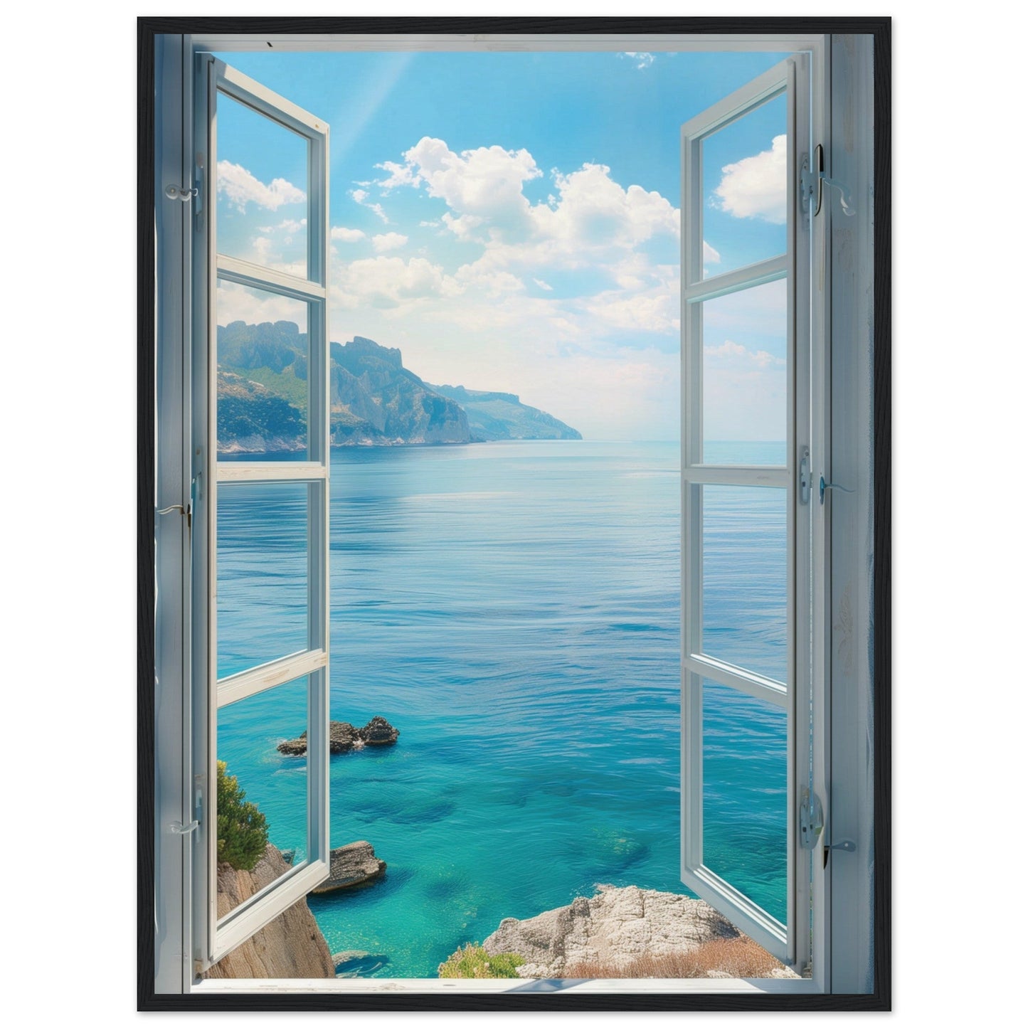 Poster Trompe l'oeil Fenêtre Mer ( Bois-noir-60x80-cm)