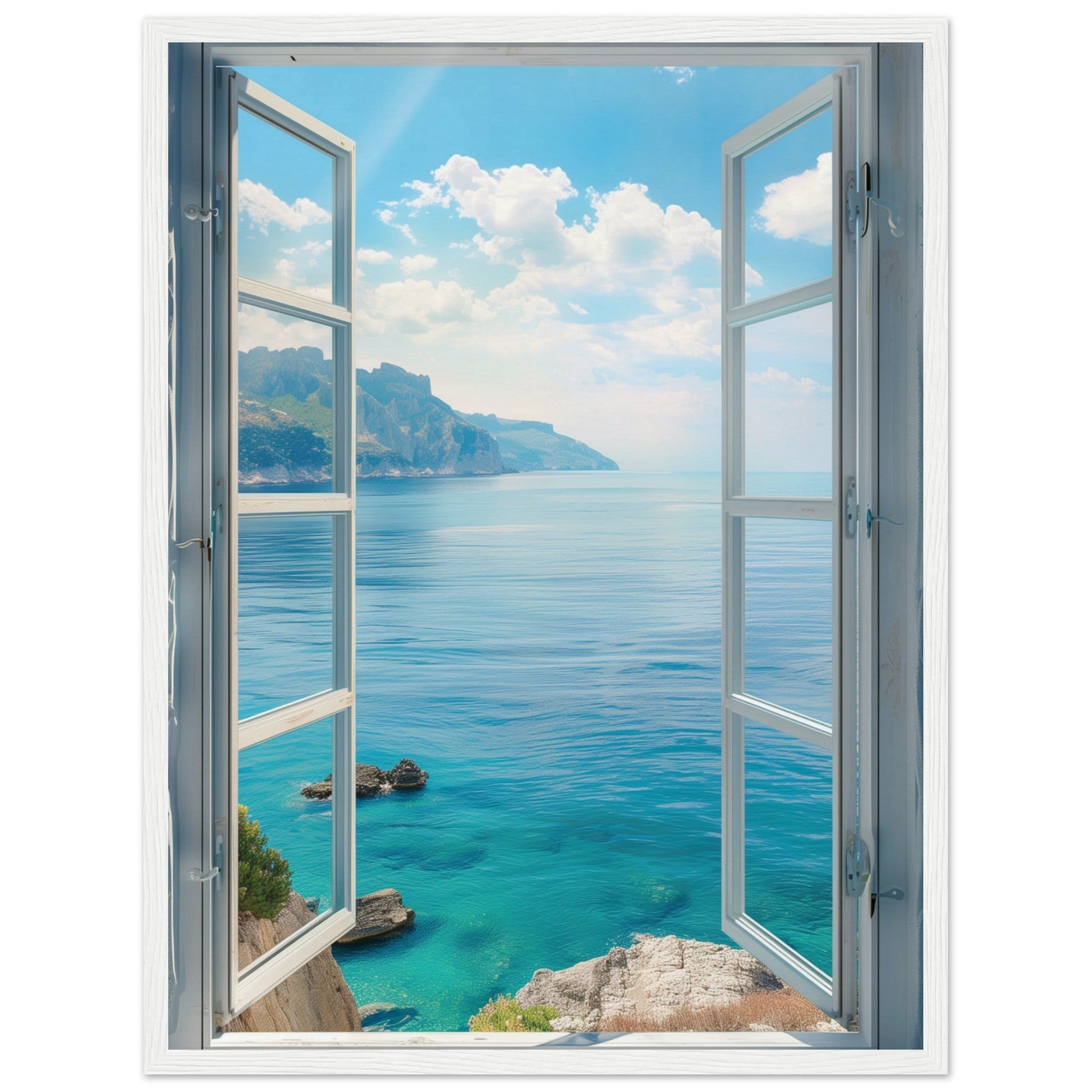 Poster Trompe l'oeil Fenêtre Mer ( Bois-blanc-45x60-cm)