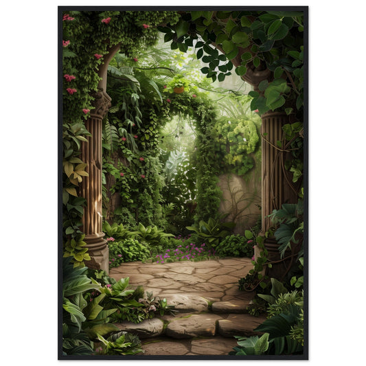 Poster Trompe l'oeil Jardin ( 70x100-cm-Bois-noir)