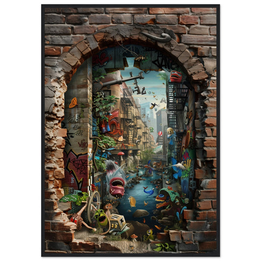 Poster Trompe l'œil Street Art ( 70x100-cm-Bois-noir)