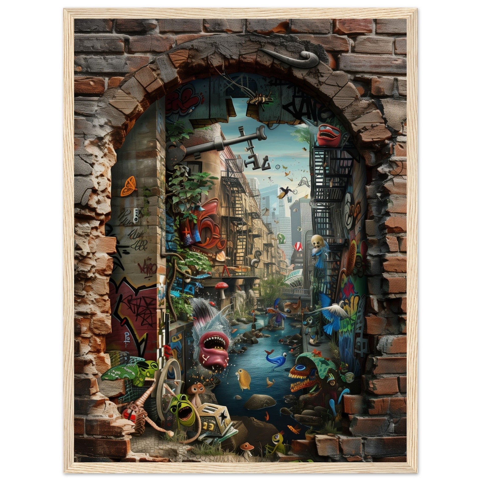 Poster Trompe l'œil Street Art ( 45x60-cm-Bois-clair)