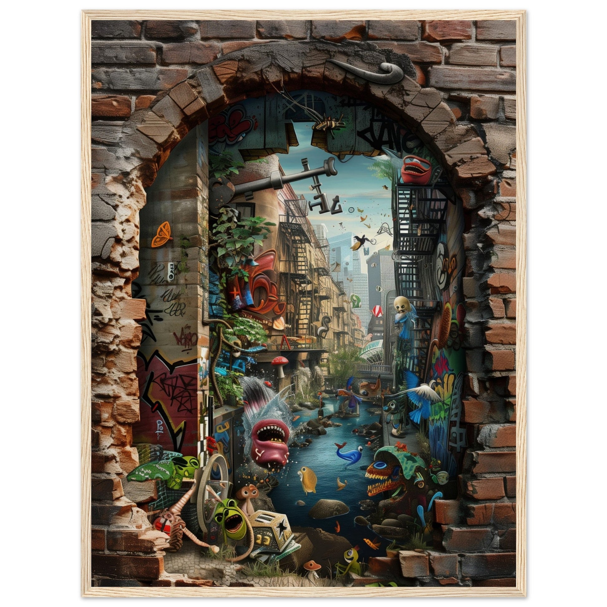 Poster Trompe l'œil Street Art ( 60x80-cm-Bois-clair)